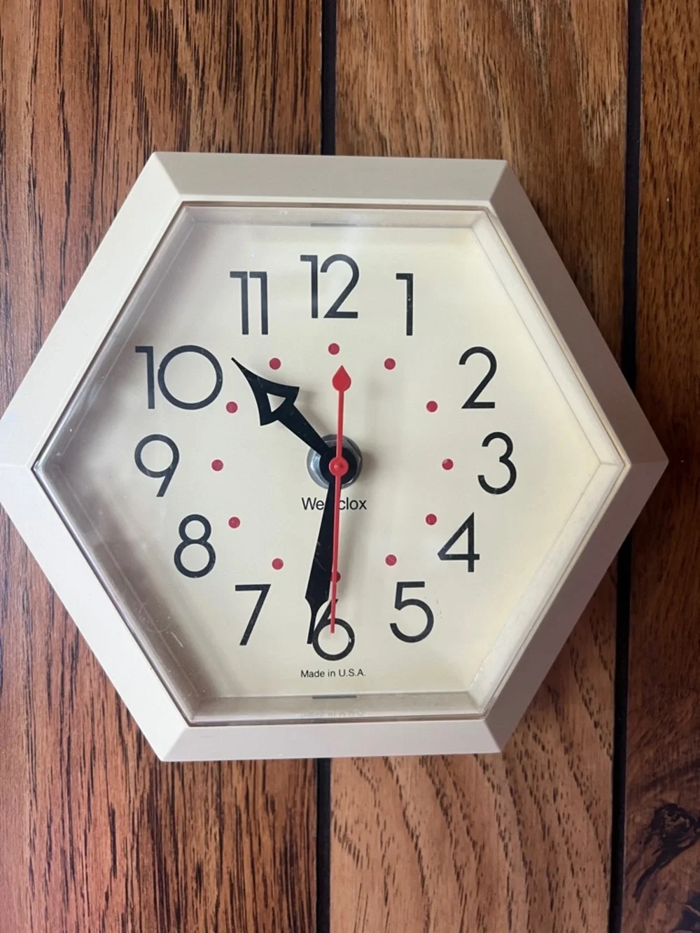 Westclox Cream Hexagon Wall Clock with Red Accents Vintage 70's